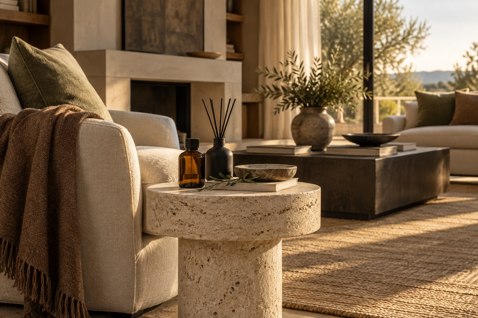 An editorial home-fragrance scene with an unbranded scent diffuser on a stone side table in a warm neutral living room.